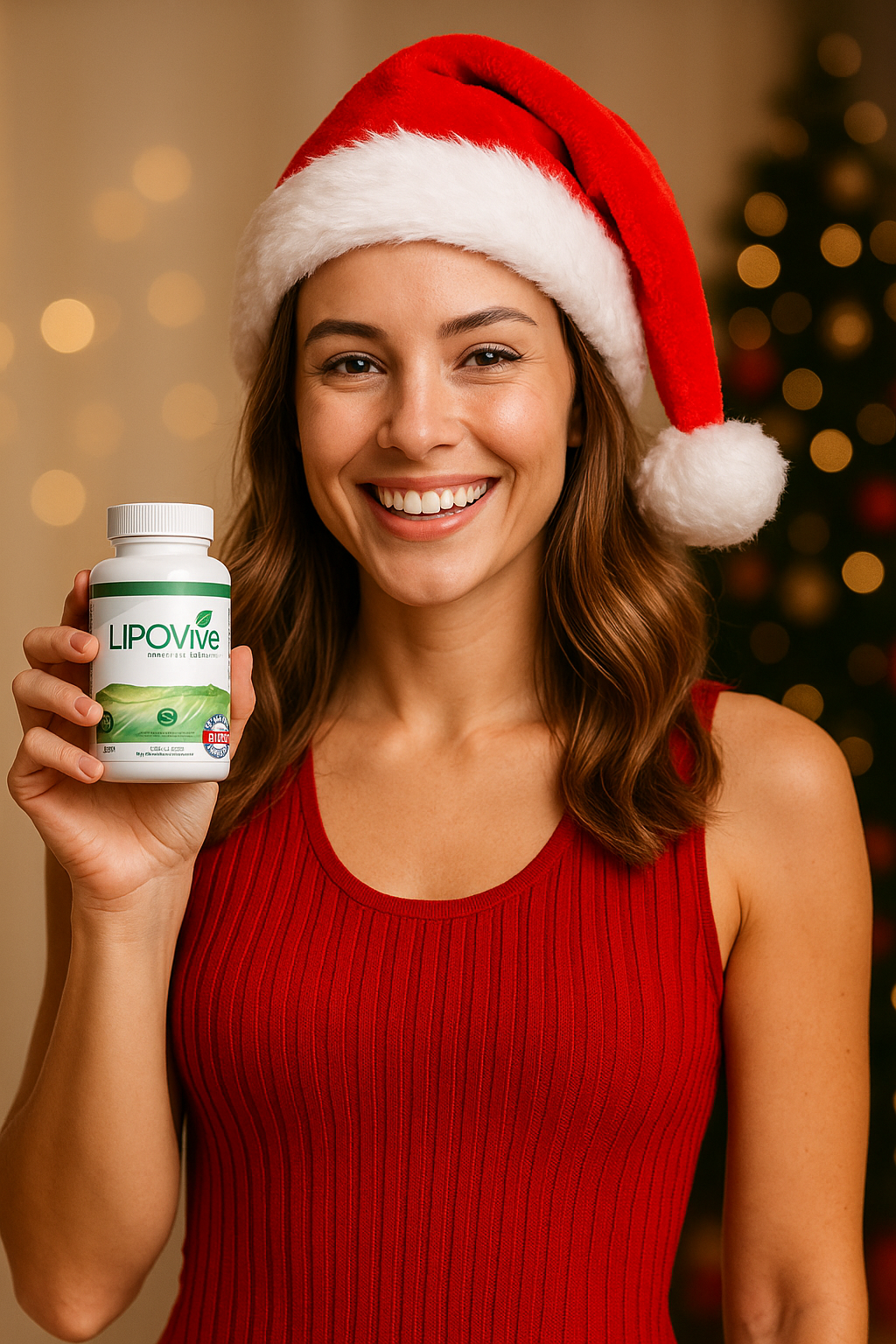 Happy Woman Holding LipoVive Bottle